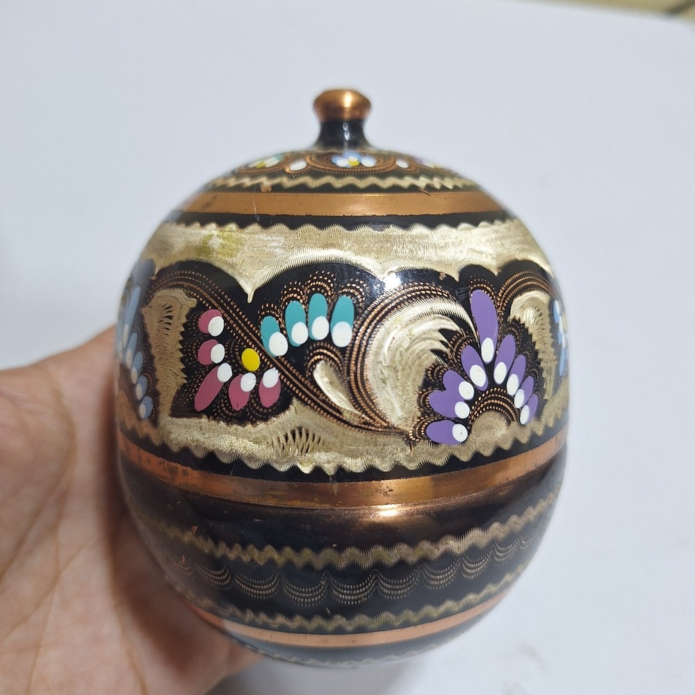Vintage Persian Turkish Hand Painted Copper Sugar Bowl Lidded Trinket Box Enamel